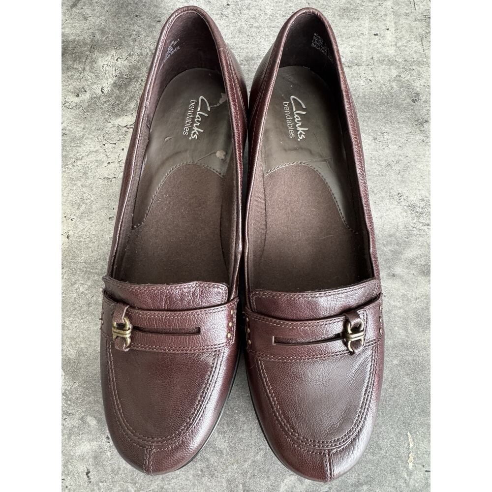 Y2K Clarks Bendables Women’s Leather Loafer Heels Brown Slip-On Comfort Size 7.5